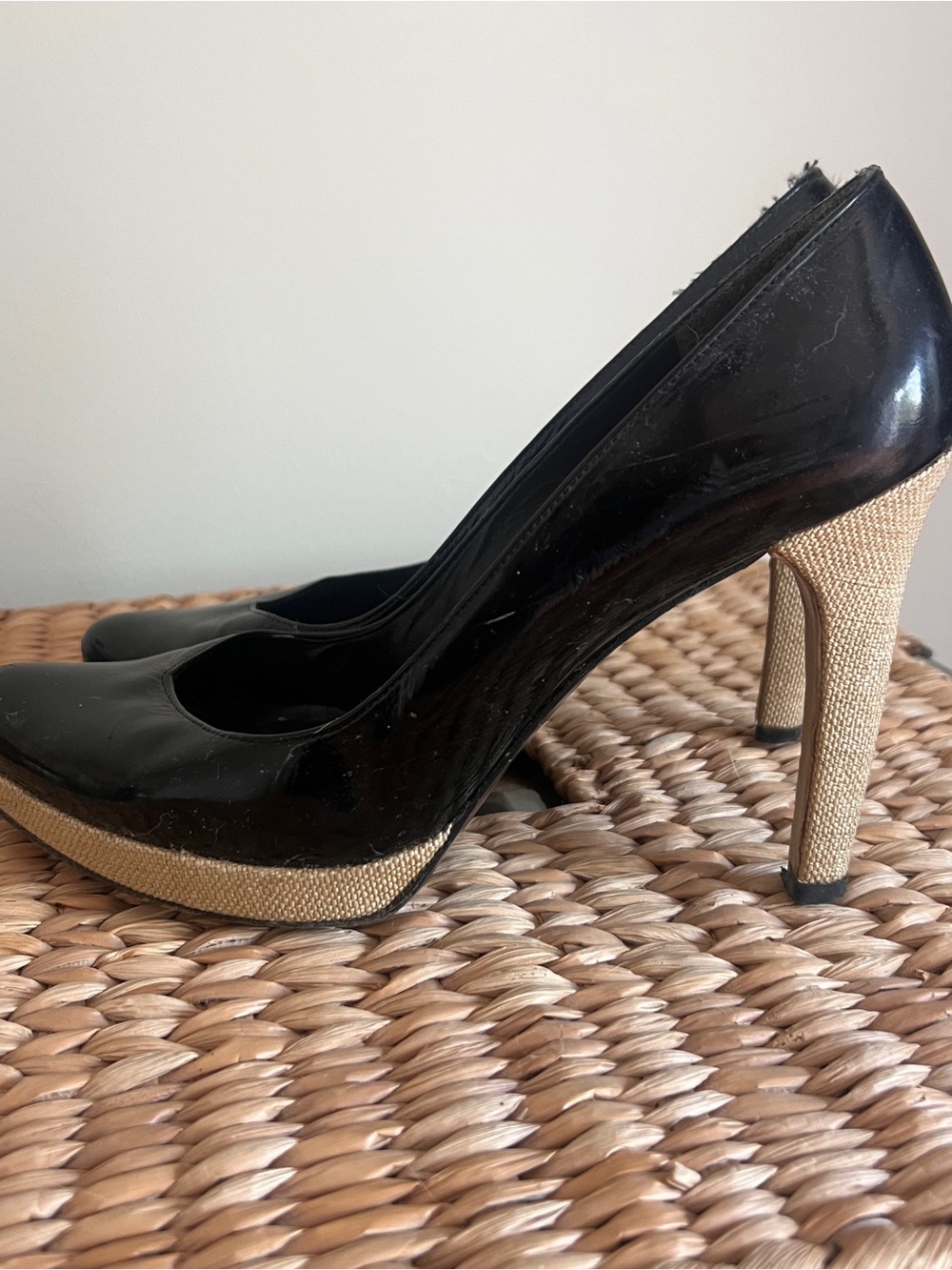 Stuart Weitzman Black Patent Leather Platform Wedges with Natural Weave
